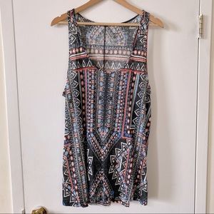 Mossimo Linen Blend Tribal Print Tank Top XXL Gray Blue White